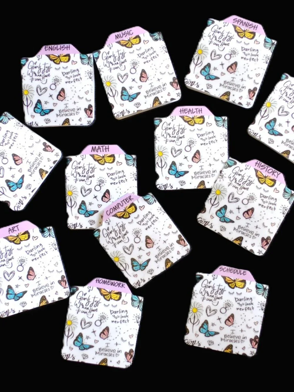 Handmade School Subject Magnetic Tabs, dividers, Girls, doodle, sketch, notebook